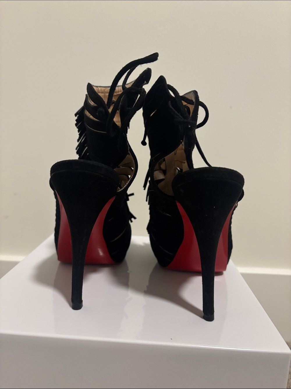 Christian Louboutin Black Suede Fringe Peep-Toe Stilettos - Picture 3 of 8